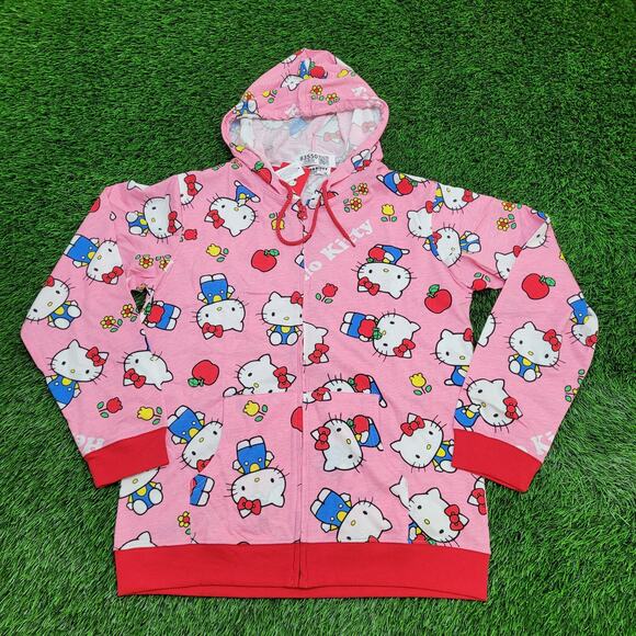 Hello-Kitty Sanrio Zip Hoodie Jacket Womens L/XL 21x27 Pink AOP Lightweight - Picture 1 of 14